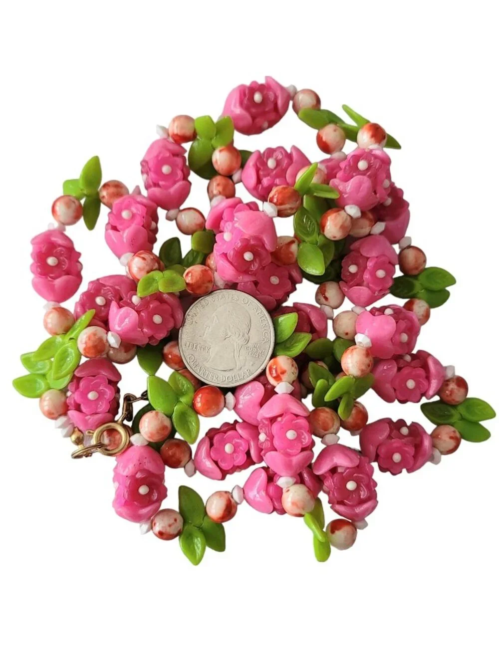 Pink Plastic Cap Flowers, Leaf Bead Necklace, 50” Long E300